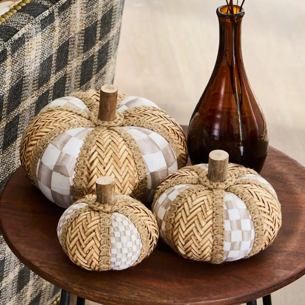Mocha Check Rattan Pumpkins, Set of 3