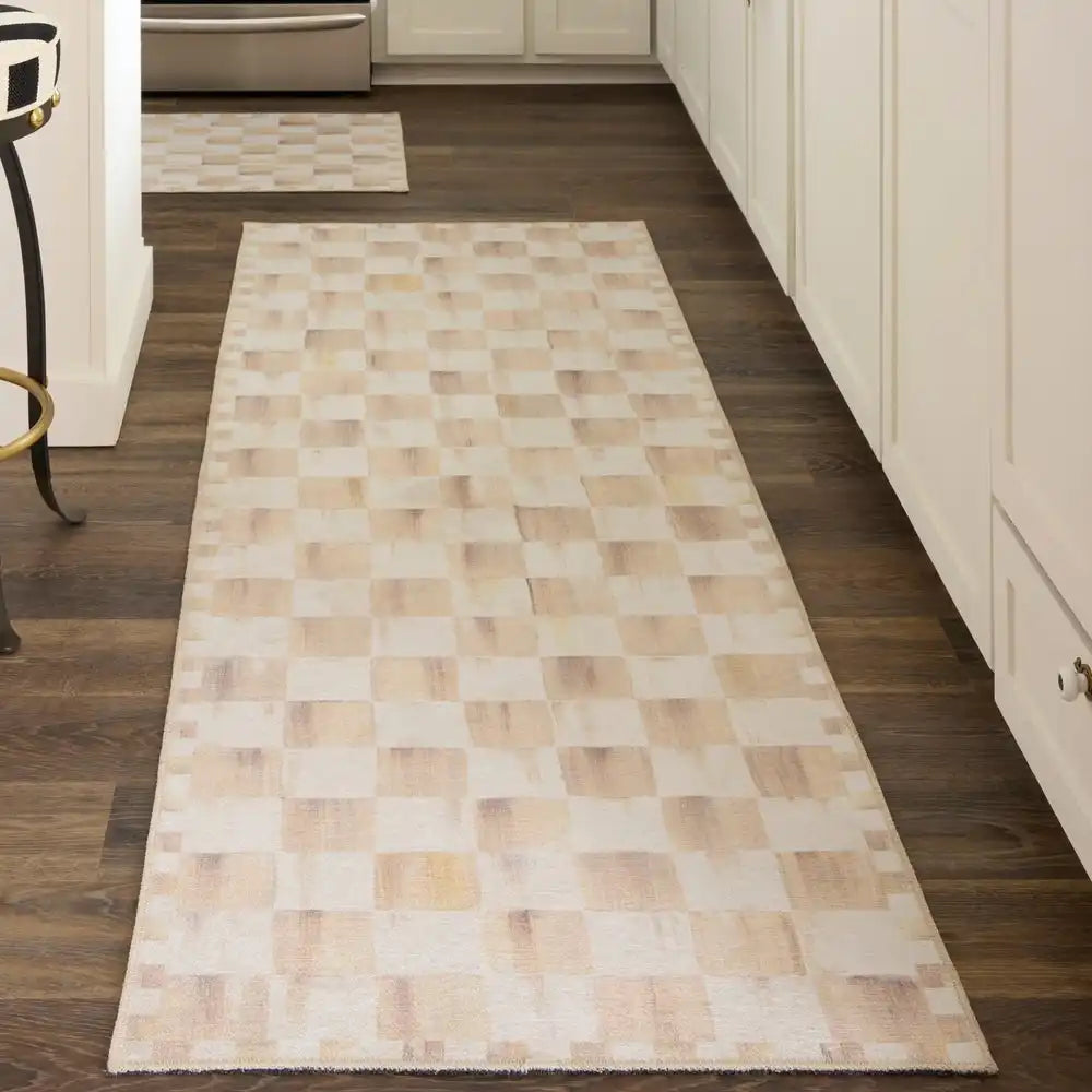 Mocha Checkered 2'6" x 8' Washable Runner
